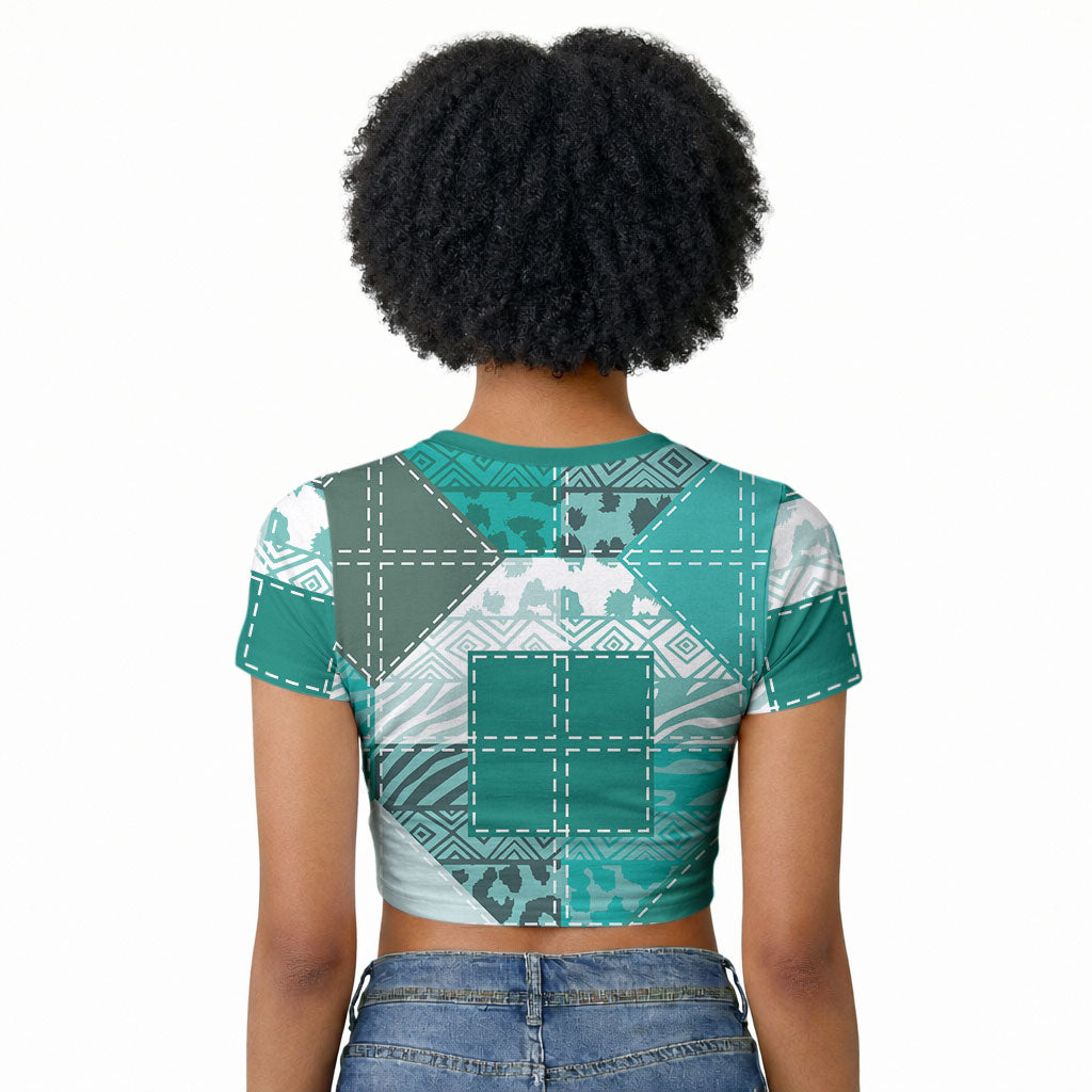 African American Quilt Inspired Raglan Cropped T shirt Wild Animal Skin African Turquoise Tribal Elements