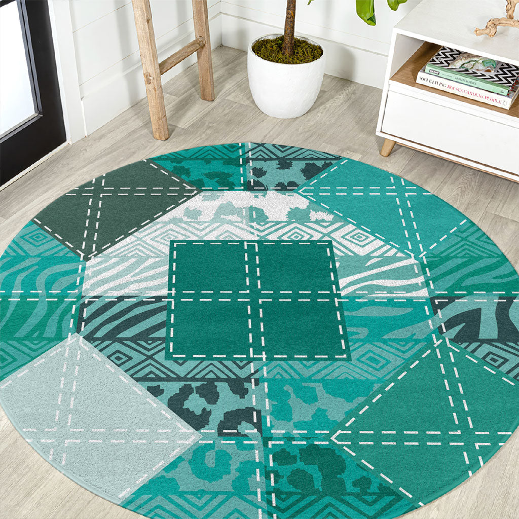 African American Quilt Inspired Round Carpet Wild Animal Skin African Turquoise Tribal Elements