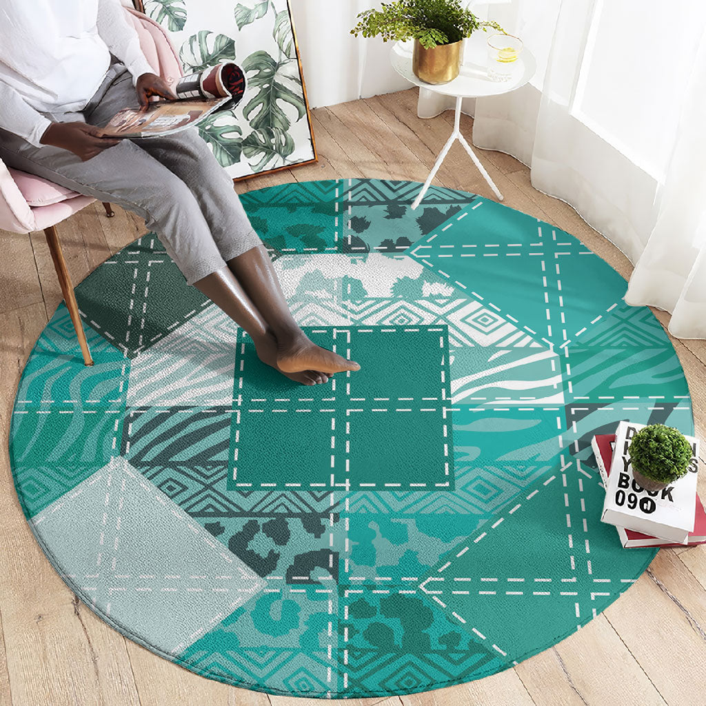 African American Quilt Inspired Round Carpet Wild Animal Skin African Turquoise Tribal Elements