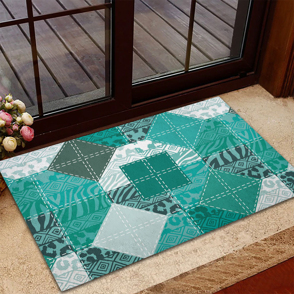 African American Quilt Inspired Rubber Doormat Wild Animal Skin African Turquoise Tribal Elements