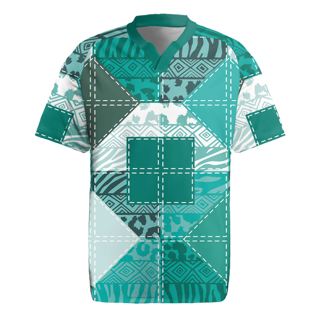 African American Quilt Inspired Rugby Jersey Wild Animal Skin African Turquoise Tribal Elements