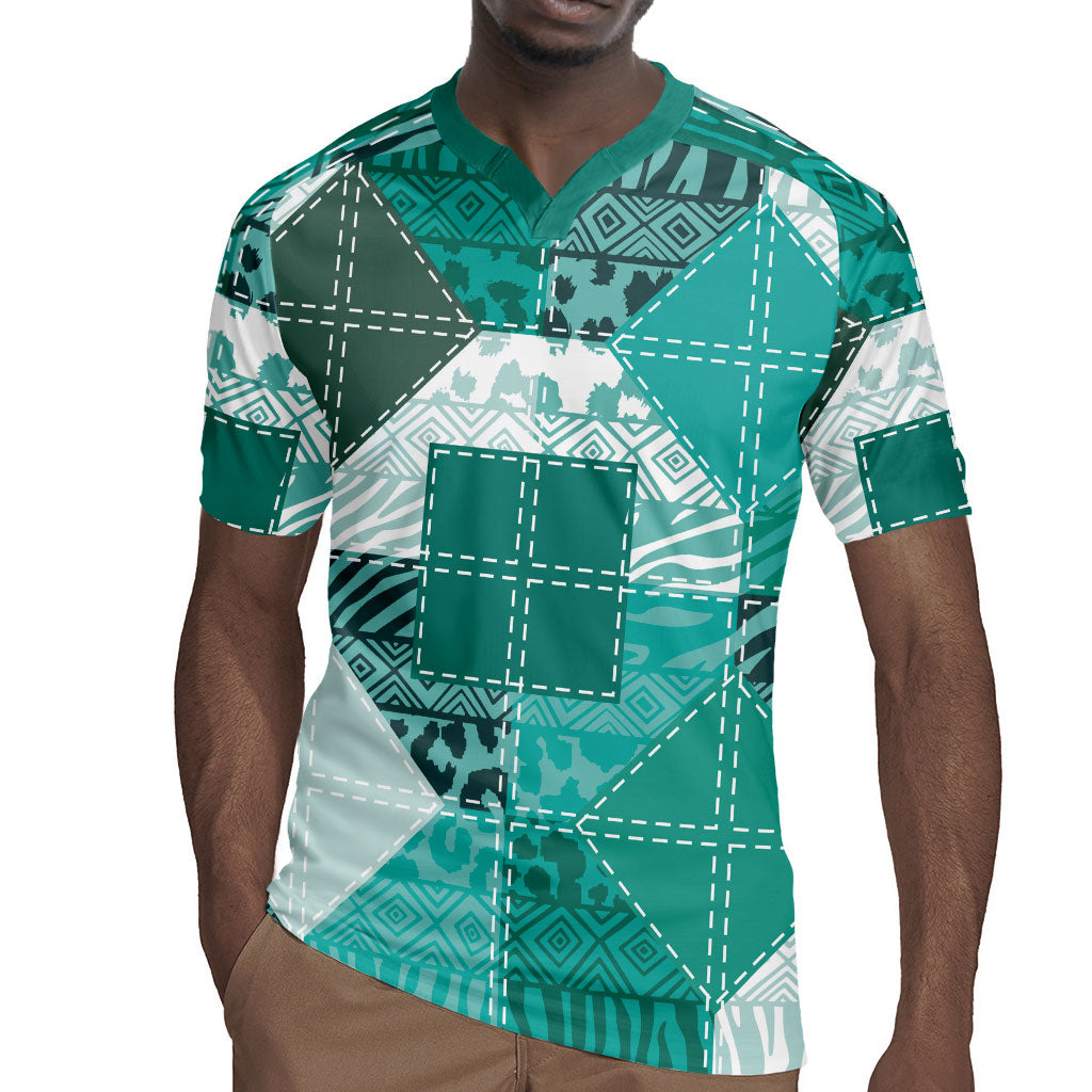 African American Quilt Inspired Rugby Jersey Wild Animal Skin African Turquoise Tribal Elements