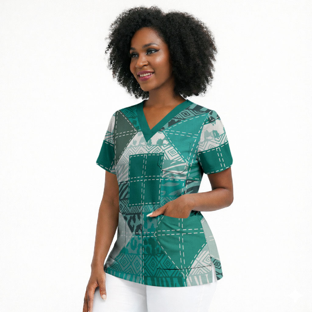 African American Quilt Inspired Scrub Top Wild Animal Skin African Turquoise Tribal Elements