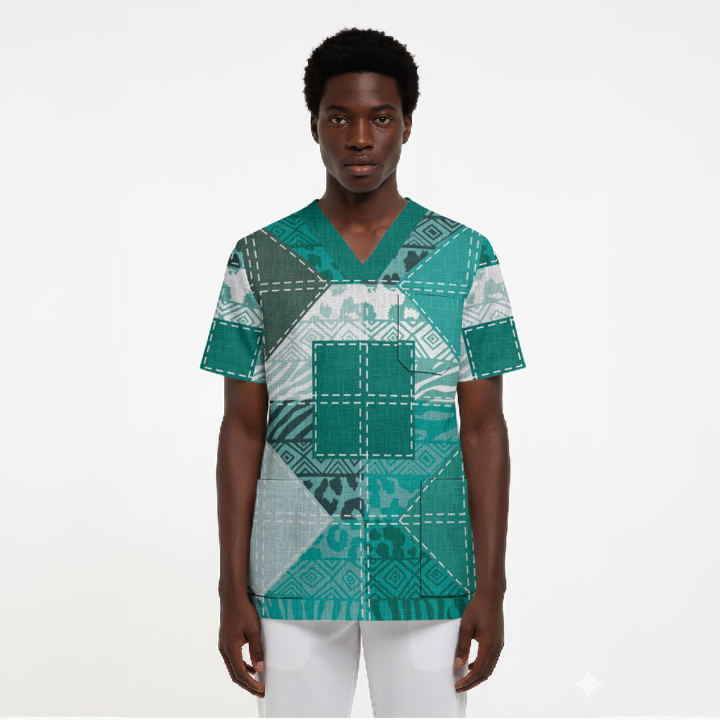 African American Quilt Inspired Scrub Top Wild Animal Skin African Turquoise Tribal Elements