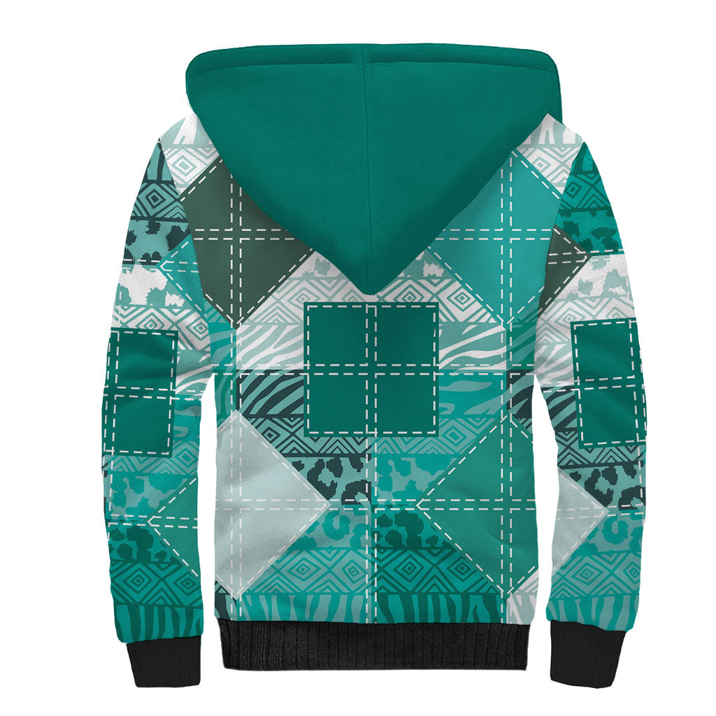 African American Quilt Inspired Sherpa Hoodie Wild Animal Skin African Turquoise Tribal Elements