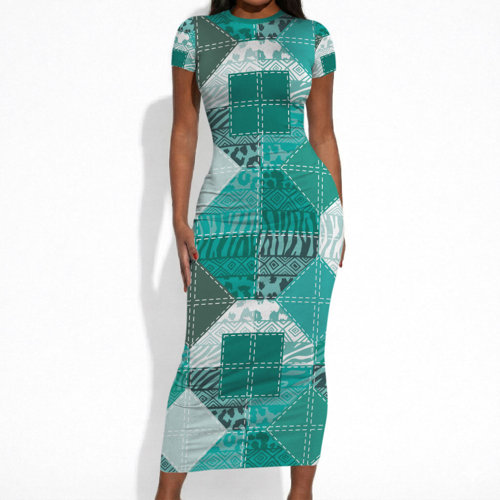 African American Quilt Inspired Short Sleeve Bodycon Dress Wild Animal Skin African Turquoise Tribal Elements