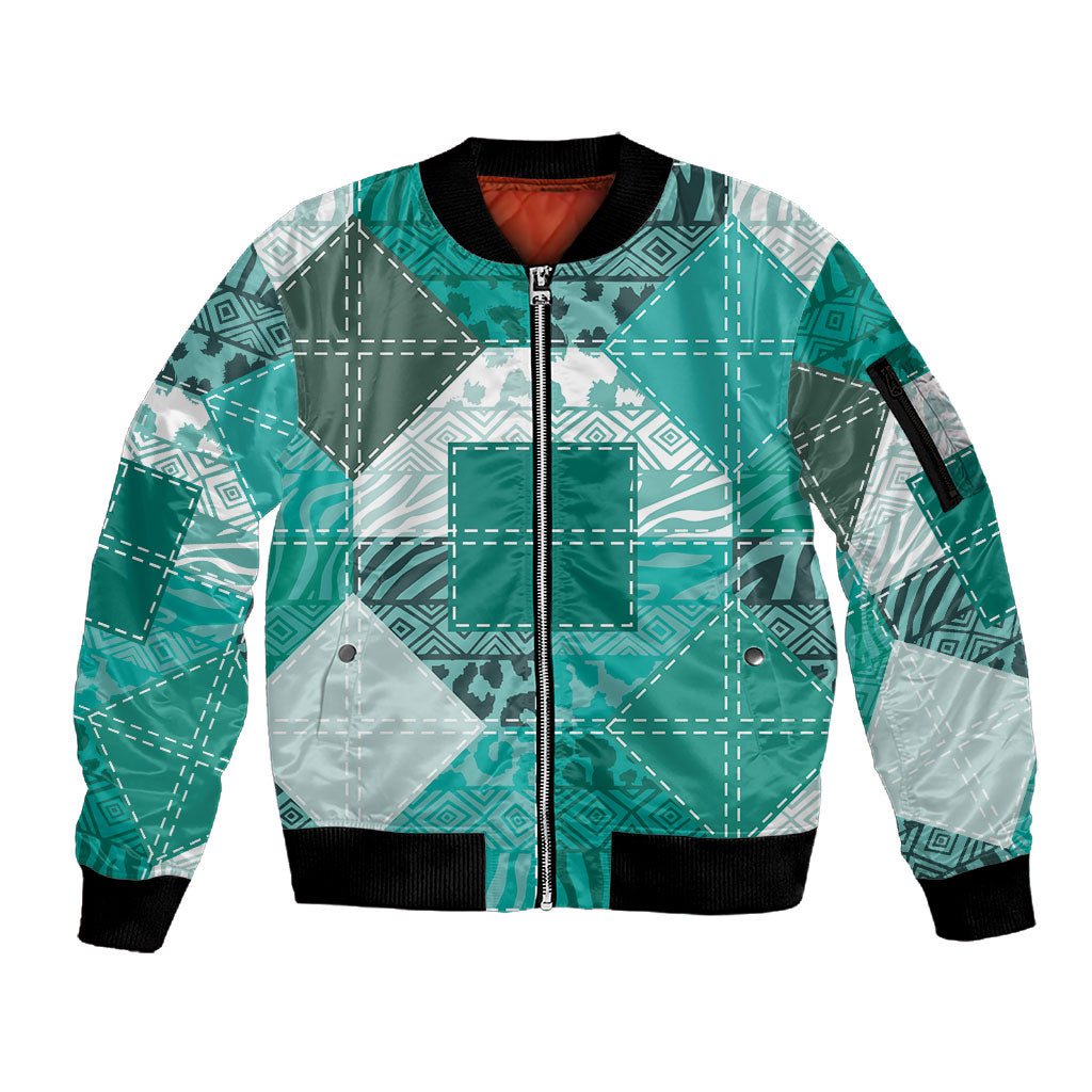 African American Quilt Inspired Sleeve Zip Bomber Jacket Wild Animal Skin African Turquoise Tribal Elements