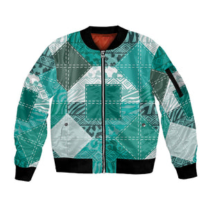 African American Quilt Inspired Sleeve Zip Bomber Jacket Wild Animal Skin African Turquoise Tribal Elements