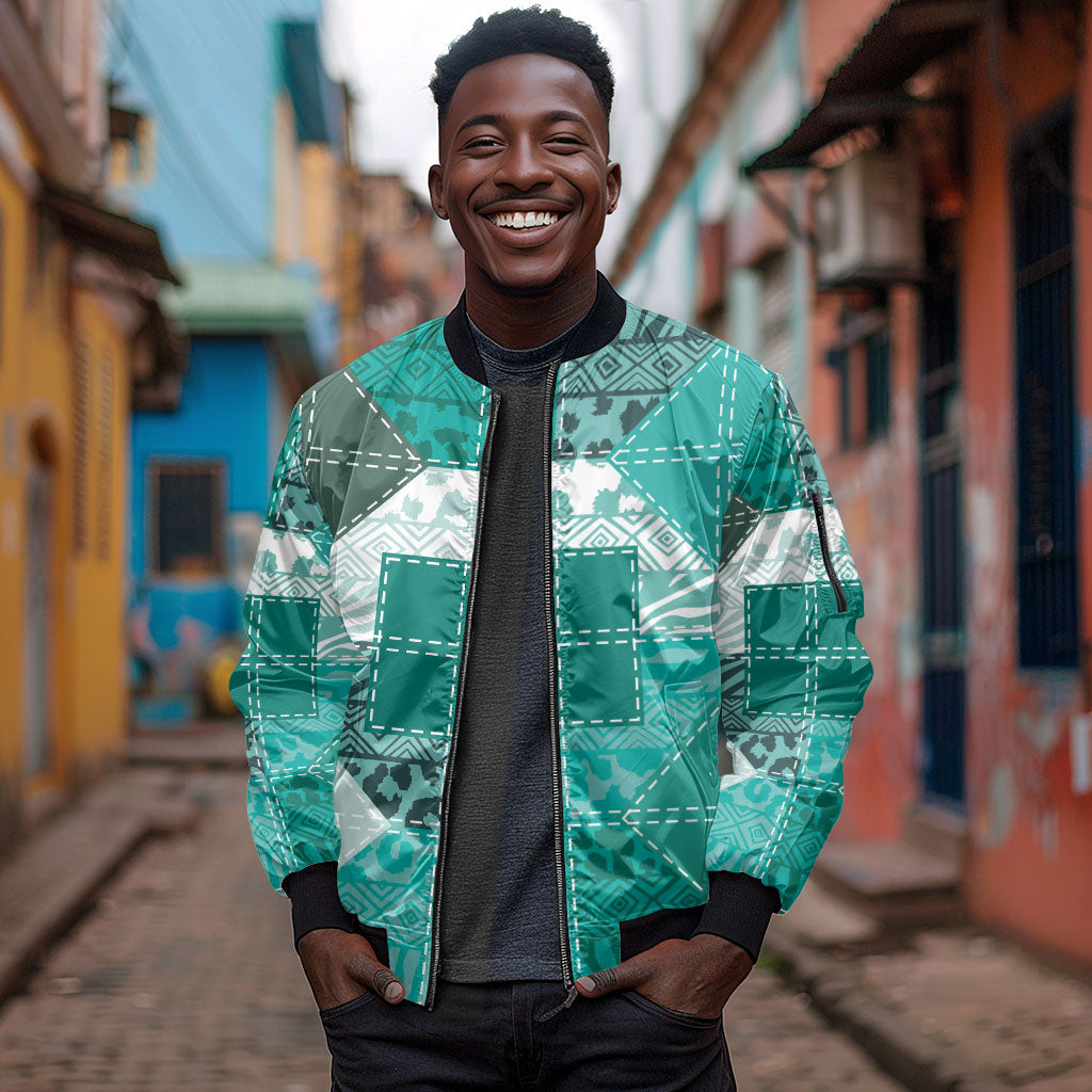 African American Quilt Inspired Sleeve Zip Bomber Jacket Wild Animal Skin African Turquoise Tribal Elements