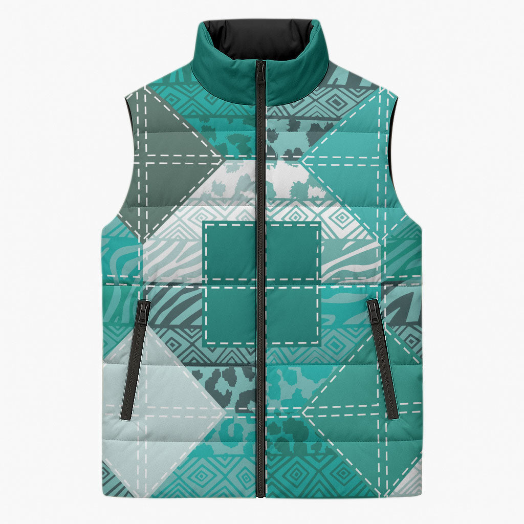 African American Quilt Inspired Sleeveless Puffer Jacket Wild Animal Skin African Turquoise Tribal Elements