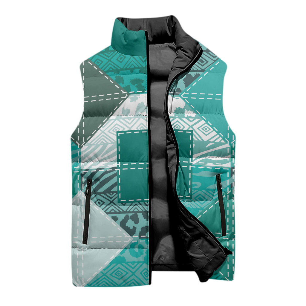 African American Quilt Inspired Sleeveless Puffer Jacket Wild Animal Skin African Turquoise Tribal Elements