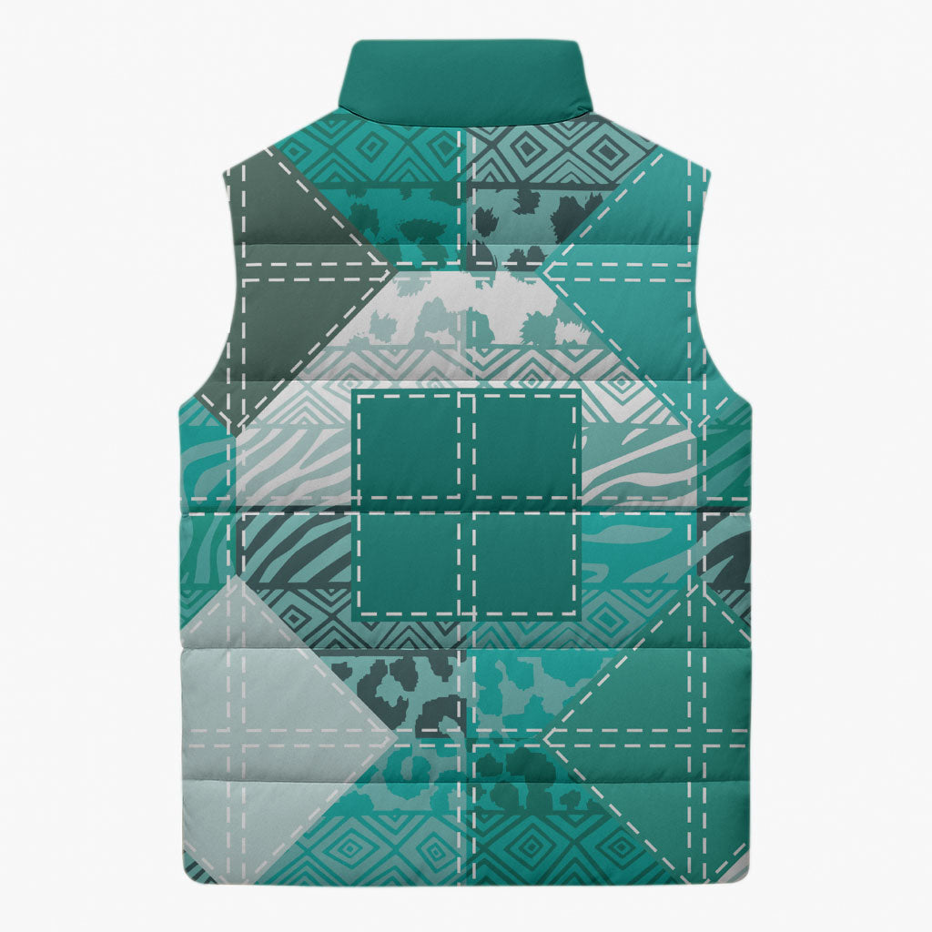 African American Quilt Inspired Sleeveless Puffer Jacket Wild Animal Skin African Turquoise Tribal Elements
