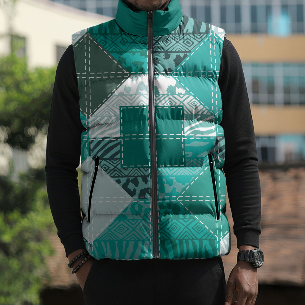 African American Quilt Inspired Sleeveless Puffer Jacket Wild Animal Skin African Turquoise Tribal Elements