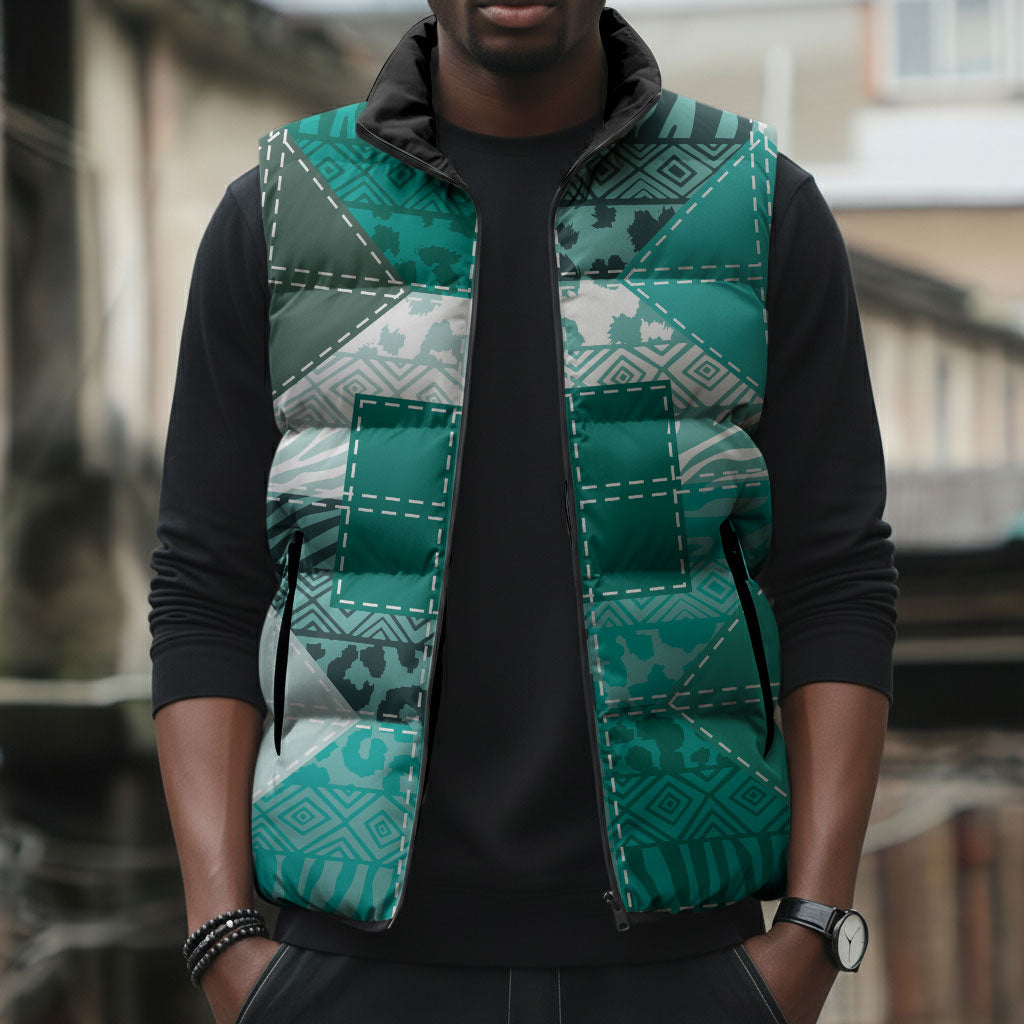 African American Quilt Inspired Sleeveless Puffer Jacket Wild Animal Skin African Turquoise Tribal Elements