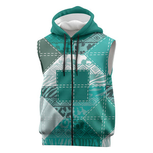 African American Quilt Inspired Sleeveless Zip Hoodie Wild Animal Skin African Turquoise Tribal Elements