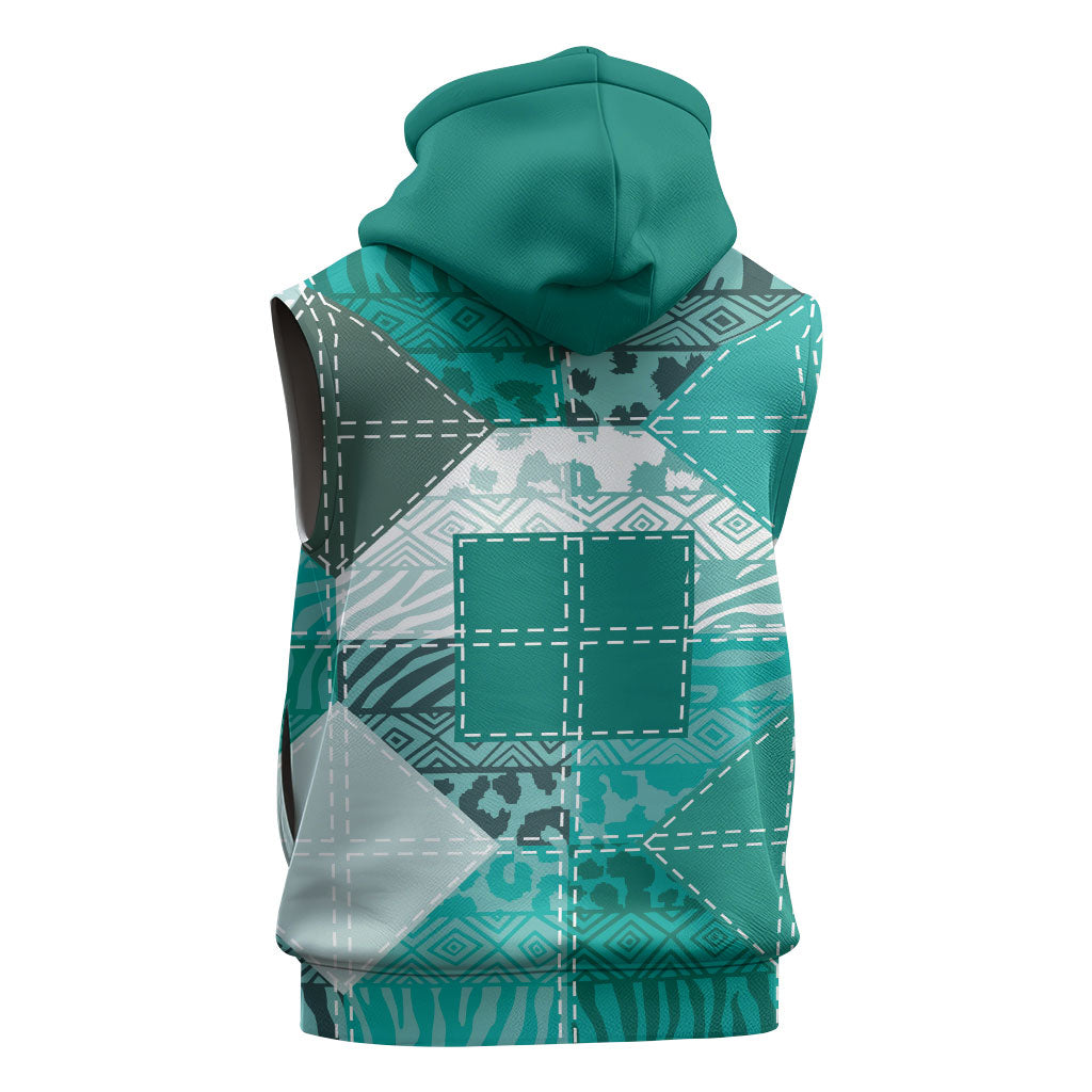 African American Quilt Inspired Sleeveless Zip Hoodie Wild Animal Skin African Turquoise Tribal Elements