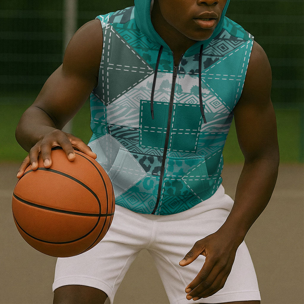 African American Quilt Inspired Sleeveless Zip Hoodie Wild Animal Skin African Turquoise Tribal Elements