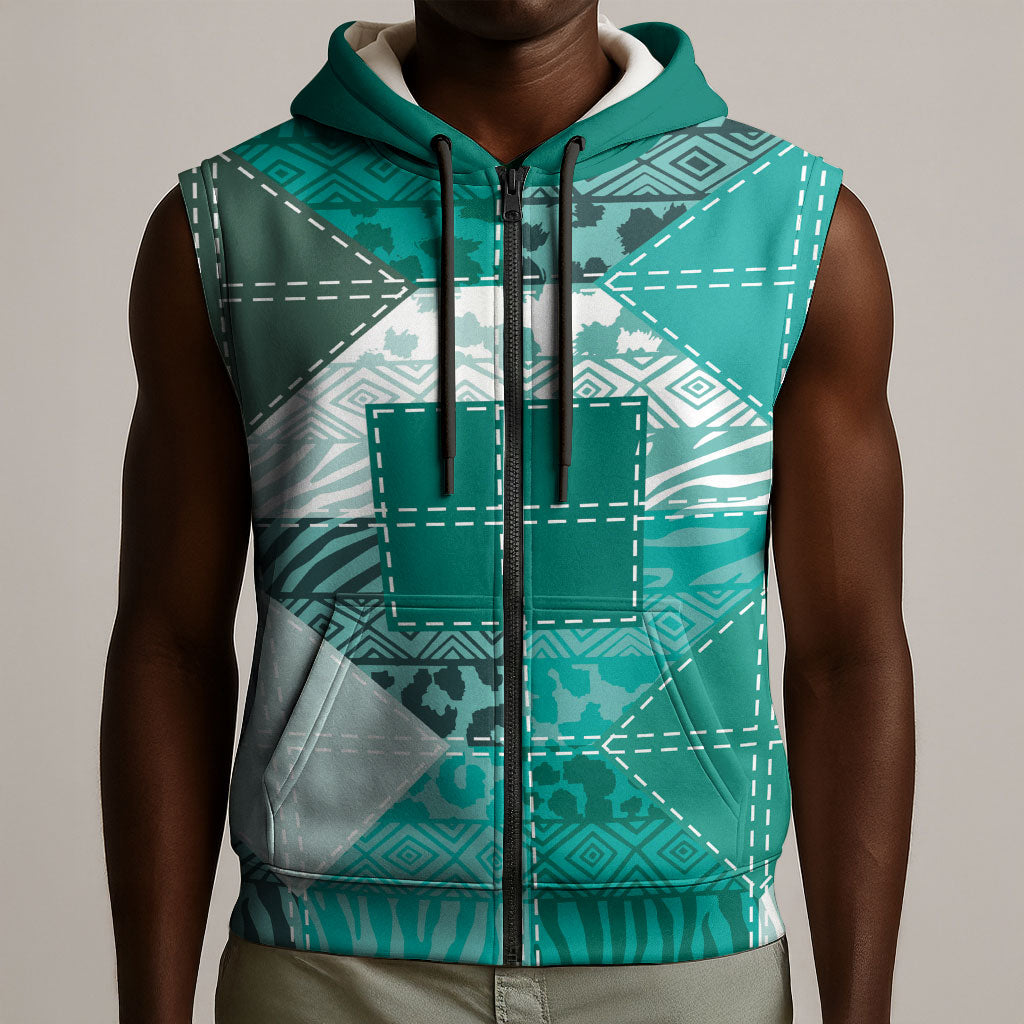 African American Quilt Inspired Sleeveless Zip Hoodie Wild Animal Skin African Turquoise Tribal Elements