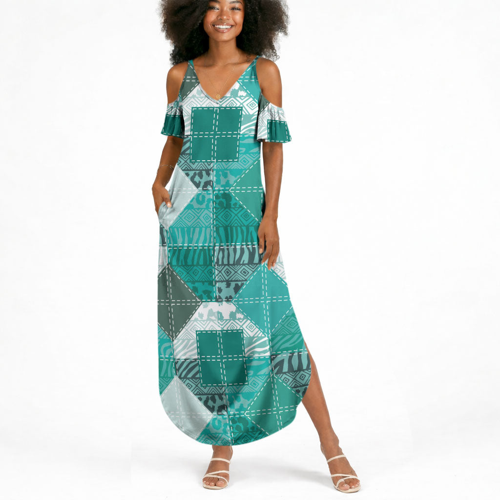African American Quilt Inspired Summer Maxi Dress Wild Animal Skin African Turquoise Tribal Elements