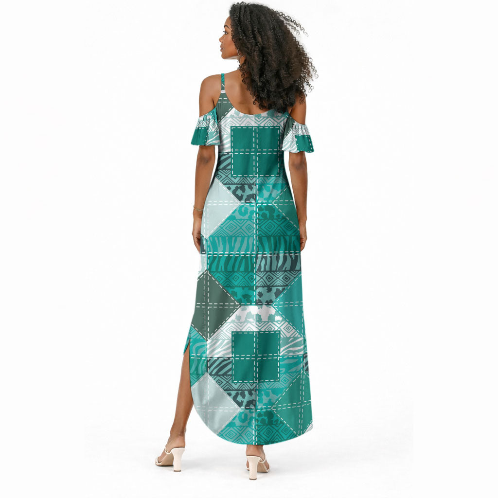 African American Quilt Inspired Summer Maxi Dress Wild Animal Skin African Turquoise Tribal Elements