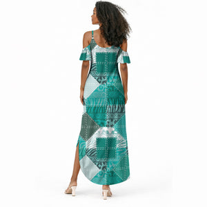 African American Quilt Inspired Summer Maxi Dress Wild Animal Skin African Turquoise Tribal Elements