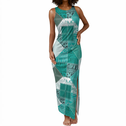 African American Quilt Inspired Tank Maxi Dress Wild Animal Skin African Turquoise Tribal Elements