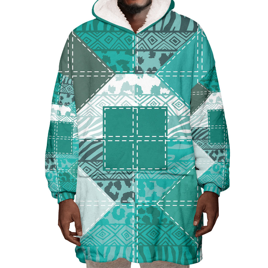 African American Quilt Inspired Wearable Blanket Hoodie Wild Animal Skin African Turquoise Tribal Elements