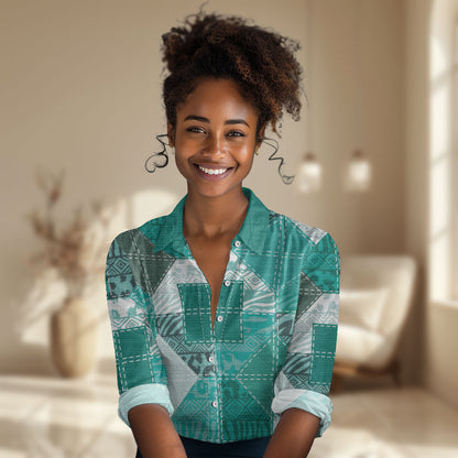 African American Quilt Inspired Women Casual Shirt Wild Animal Skin African Turquoise Tribal Elements