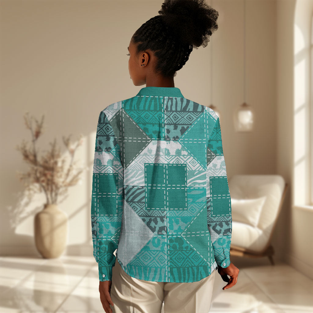 African American Quilt Inspired Women Casual Shirt Wild Animal Skin African Turquoise Tribal Elements