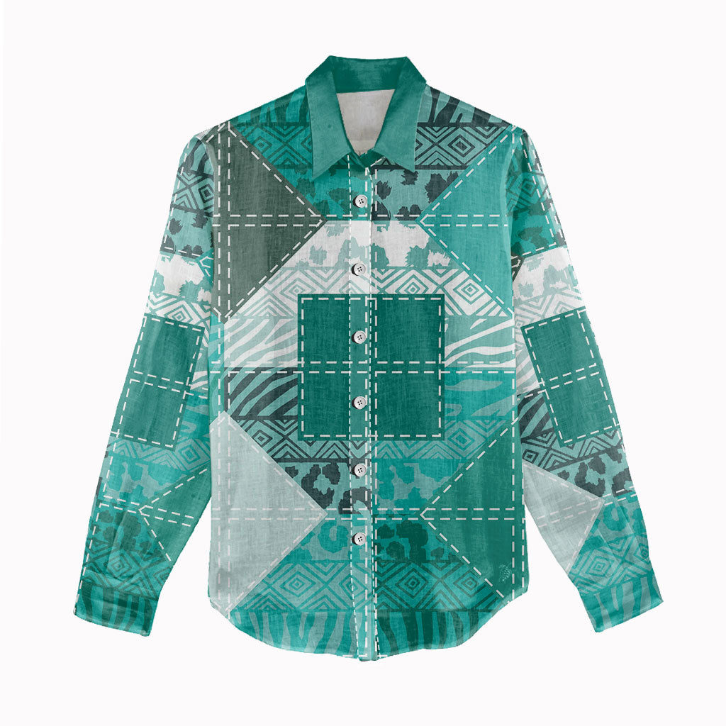 African American Quilt Inspired Women Casual Shirt Wild Animal Skin African Turquoise Tribal Elements