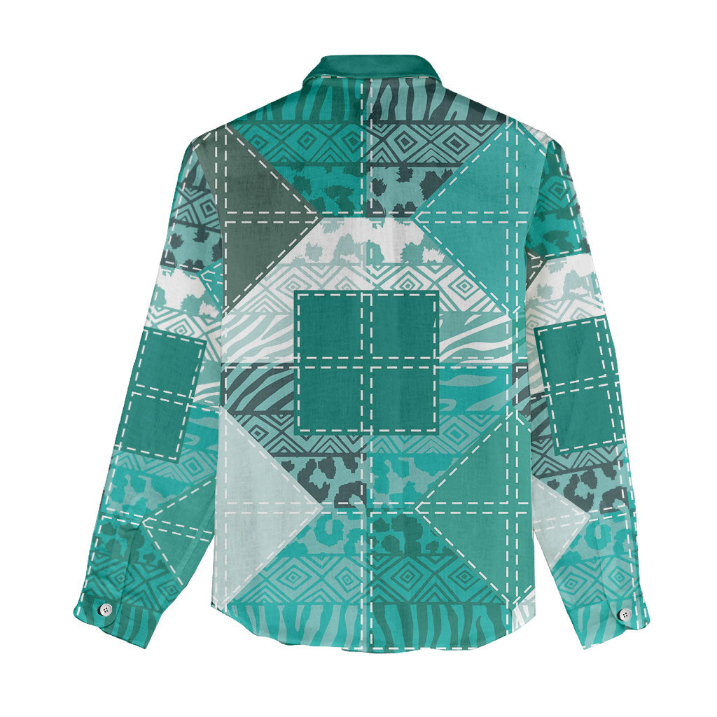 African American Quilt Inspired Women Casual Shirt Wild Animal Skin African Turquoise Tribal Elements