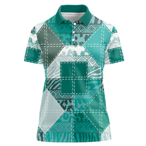African American Quilt Inspired Women Polo Shirt Wild Animal Skin African Turquoise Tribal Elements