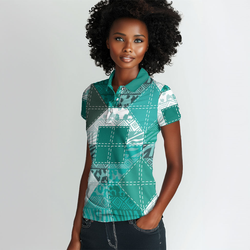 African American Quilt Inspired Women Polo Shirt Wild Animal Skin African Turquoise Tribal Elements