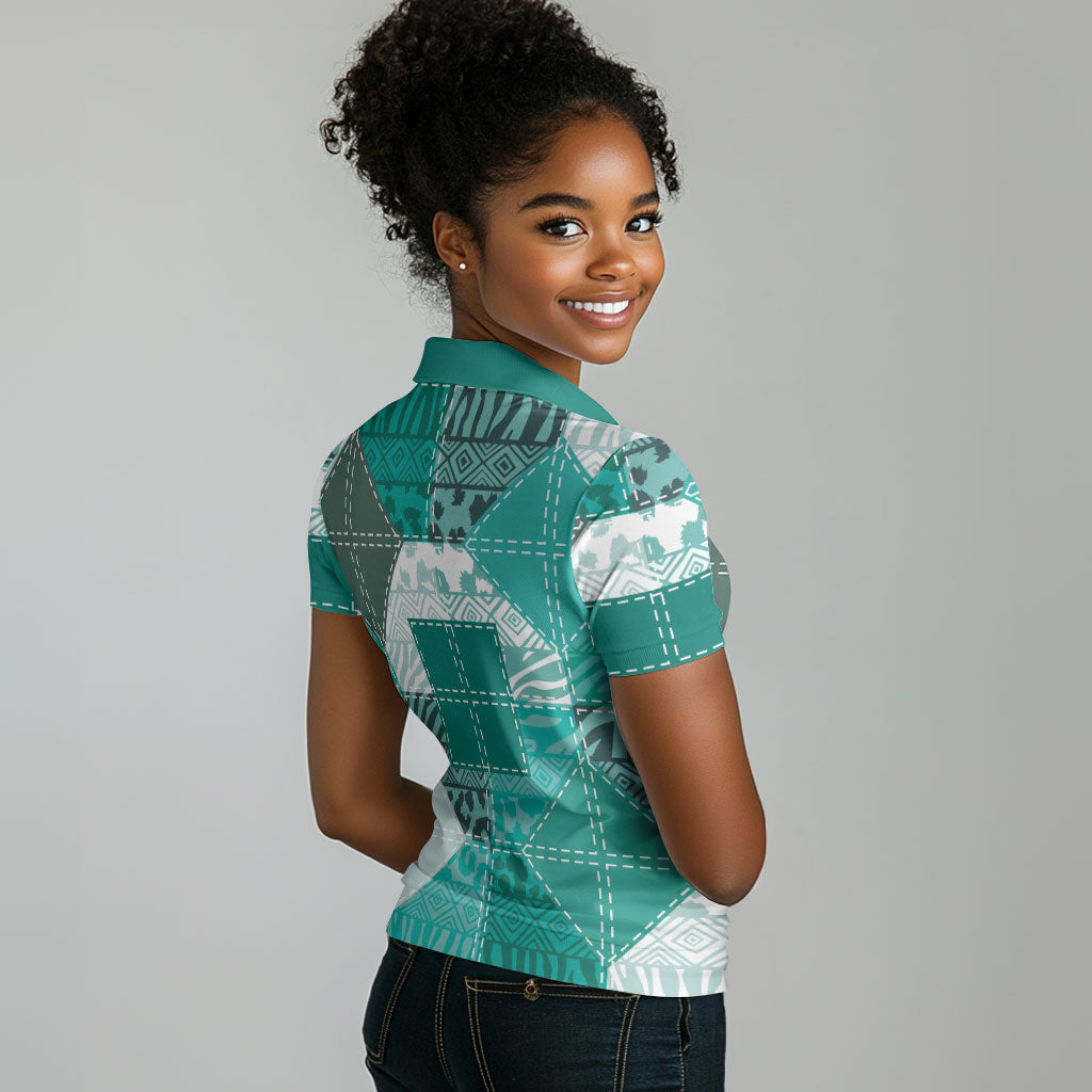 African American Quilt Inspired Women Polo Shirt Wild Animal Skin African Turquoise Tribal Elements