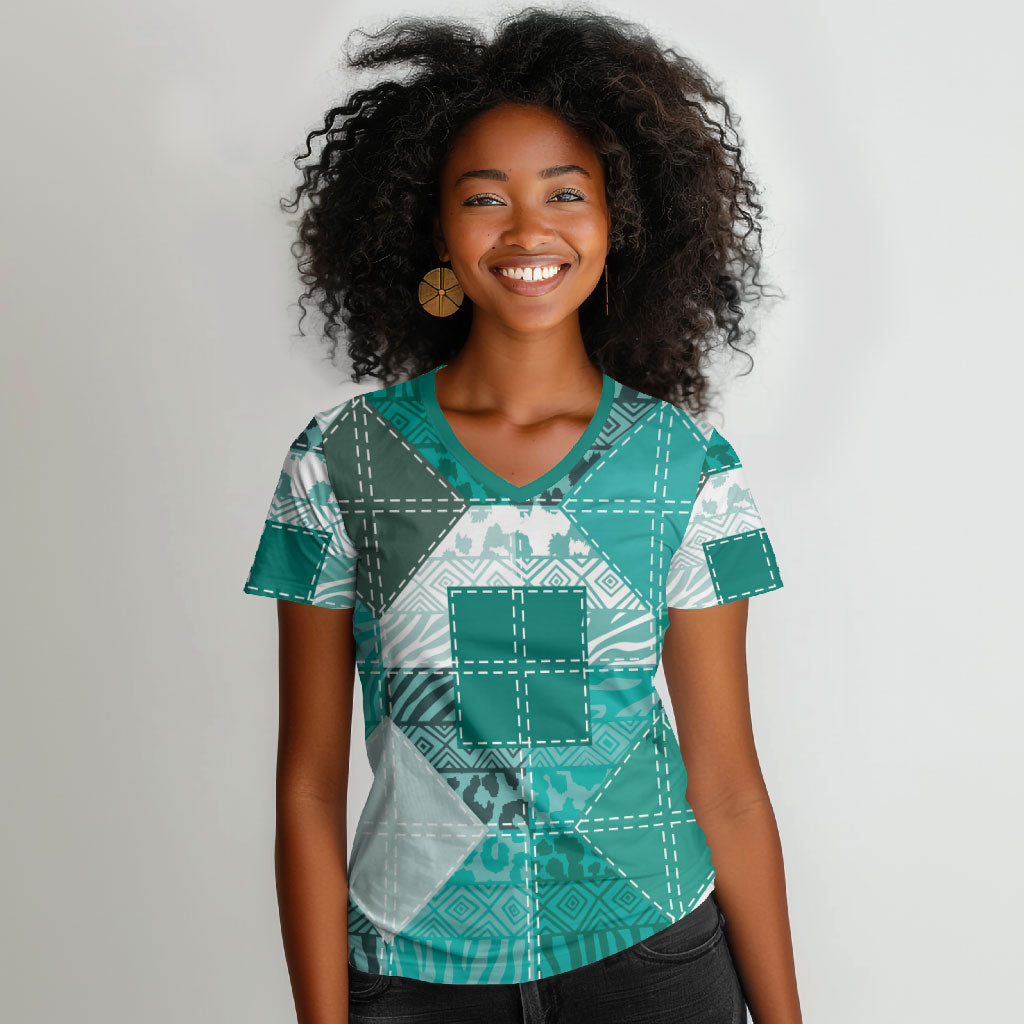African American Quilt Inspired Women V-Neck T-Shirt Wild Animal Skin African Turquoise Tribal Elements