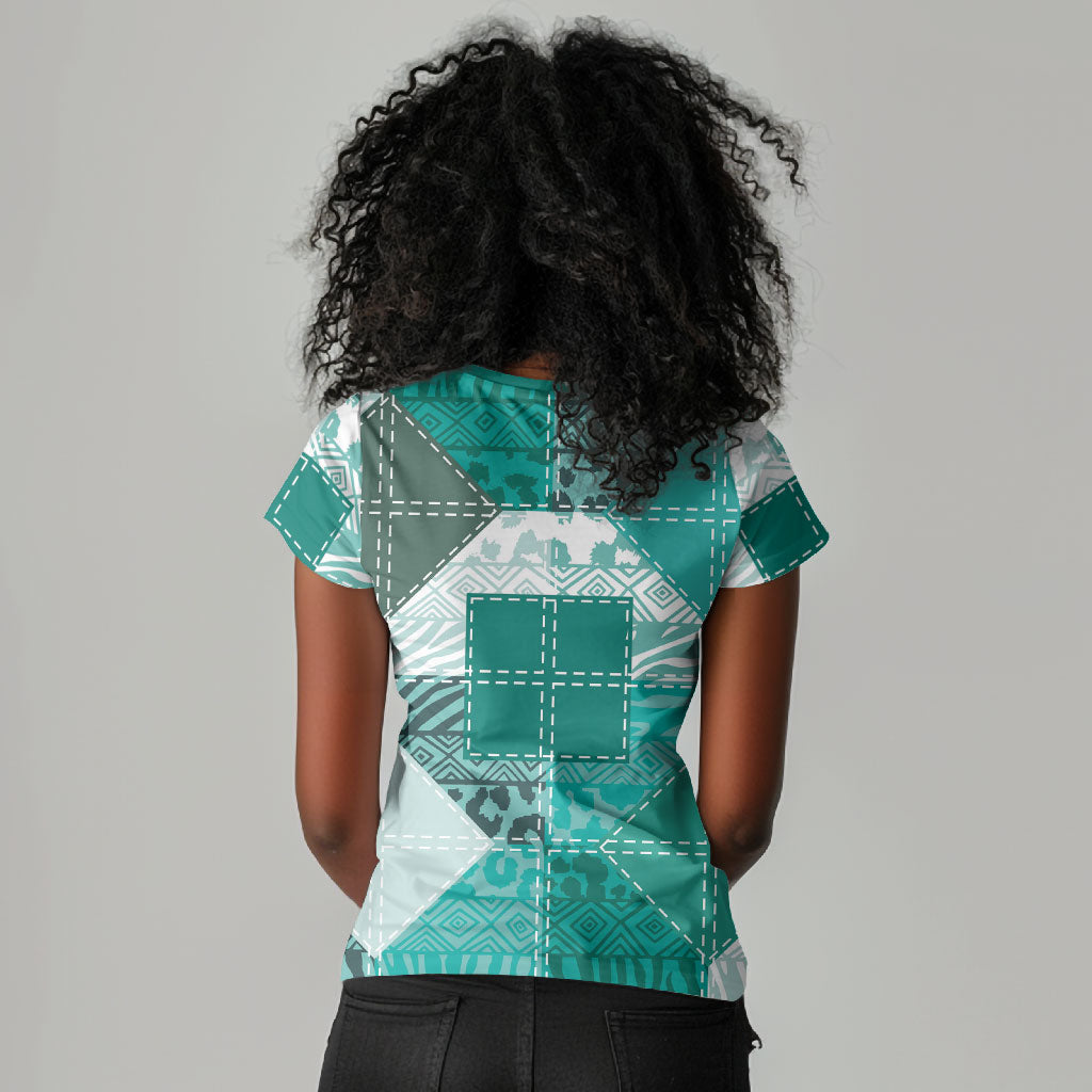 African American Quilt Inspired Women V-Neck T-Shirt Wild Animal Skin African Turquoise Tribal Elements