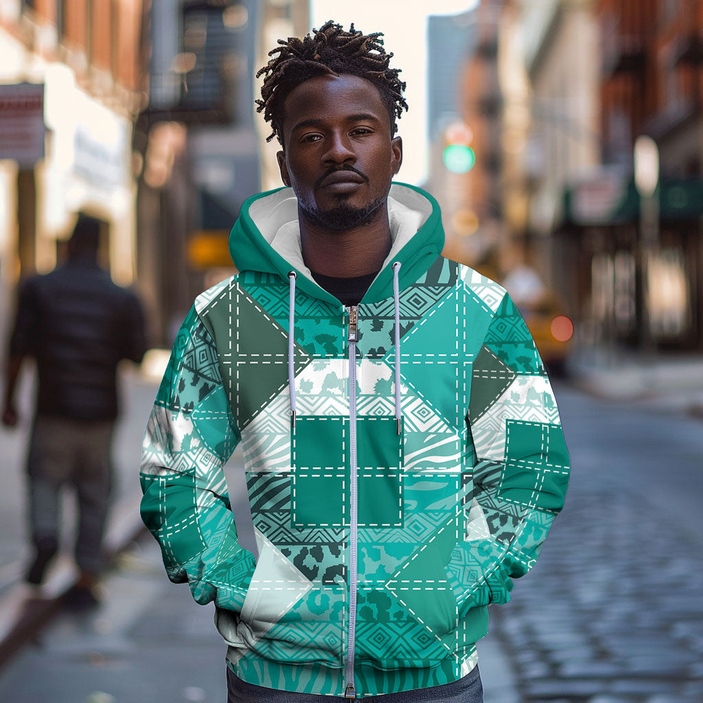 African American Quilt Inspired Zip Hoodie Wild Animal Skin African Turquoise Tribal Elements