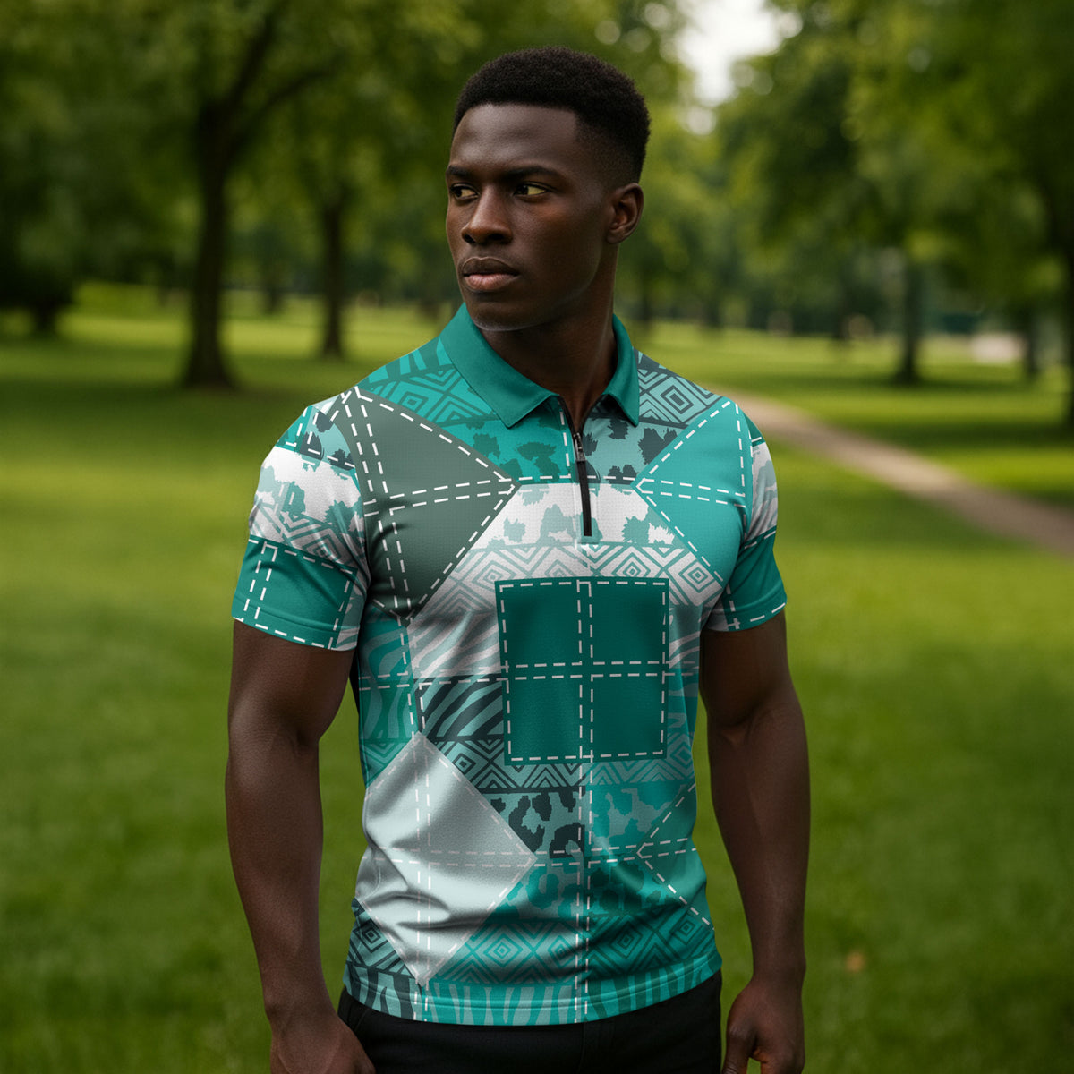 African American Quilt Inspired Zipper Polo Shirt Wild Animal Skin African Turquoise Tribal Elements