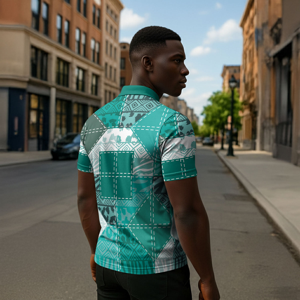 African American Quilt Inspired Zipper Polo Shirt Wild Animal Skin African Turquoise Tribal Elements