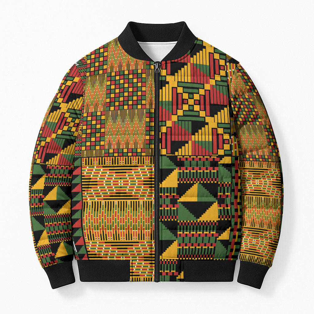 African American Quilt Kente Fusion Bomber Puffer Jacket Version 1