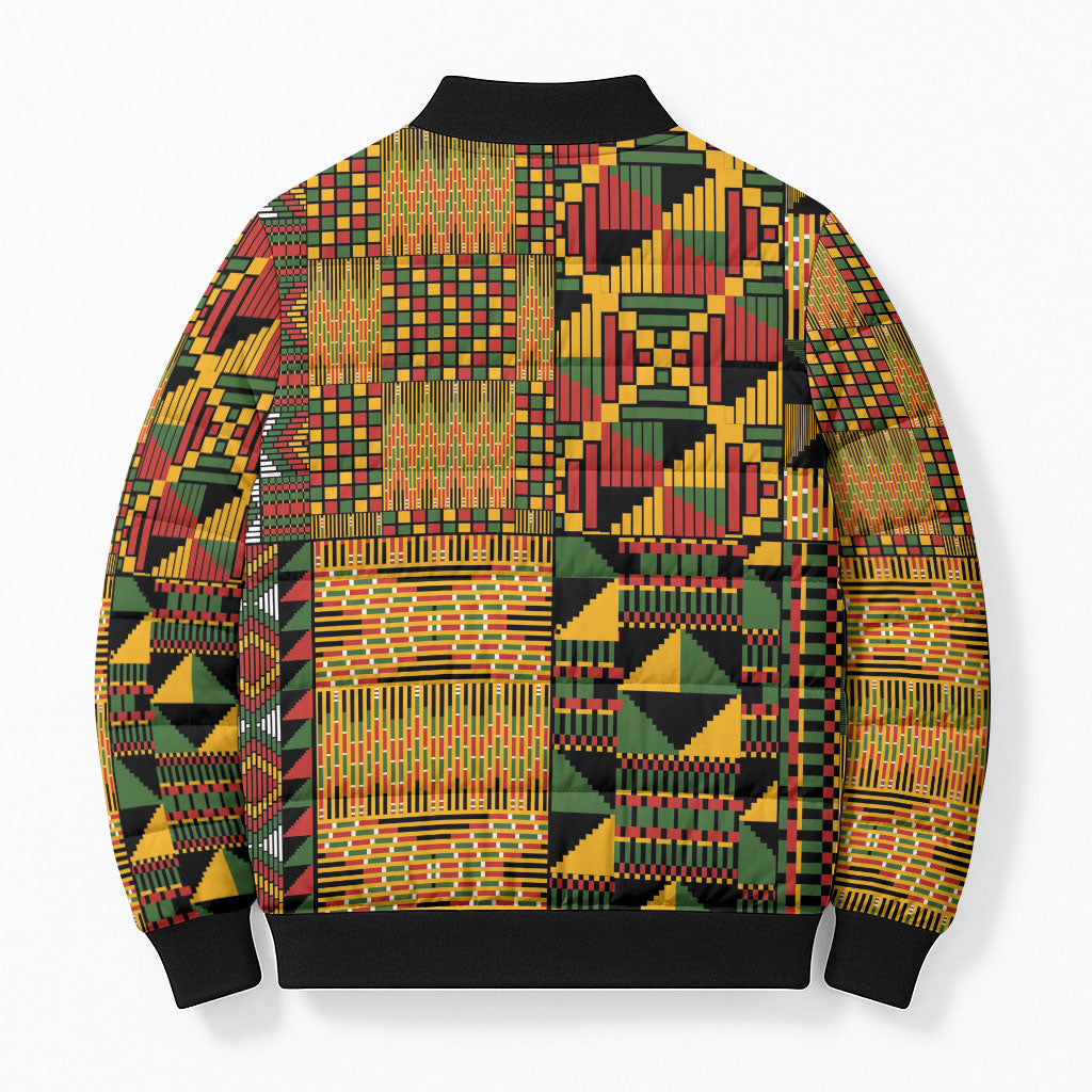 African American Quilt Kente Fusion Bomber Puffer Jacket Version 1
