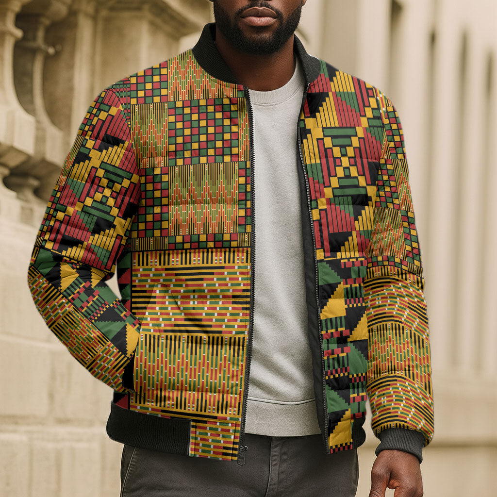 African American Quilt Kente Fusion Bomber Puffer Jacket Version 1