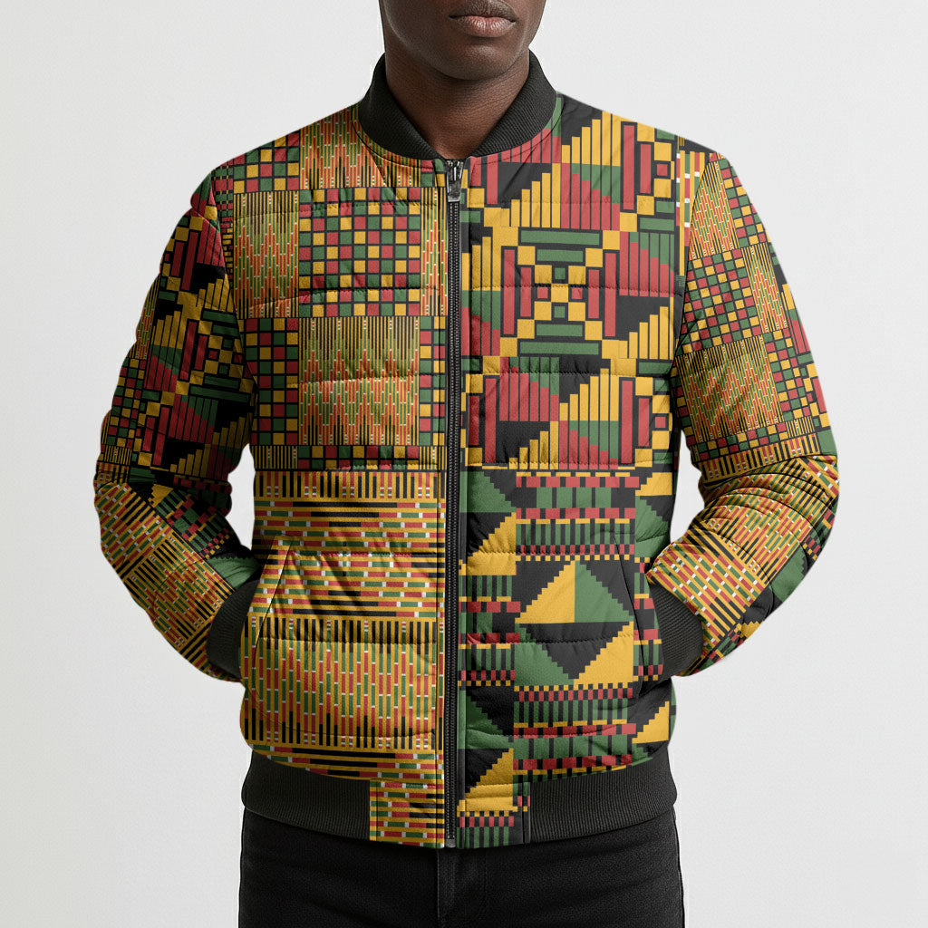 African American Quilt Kente Fusion Bomber Puffer Jacket Version 1