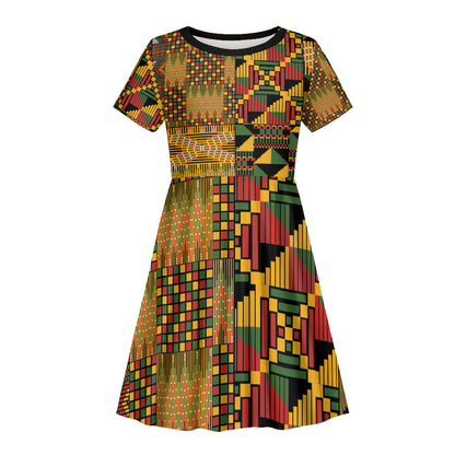 African American Quilt Kente Fusion Kid Short Sleeve Dress Version 1