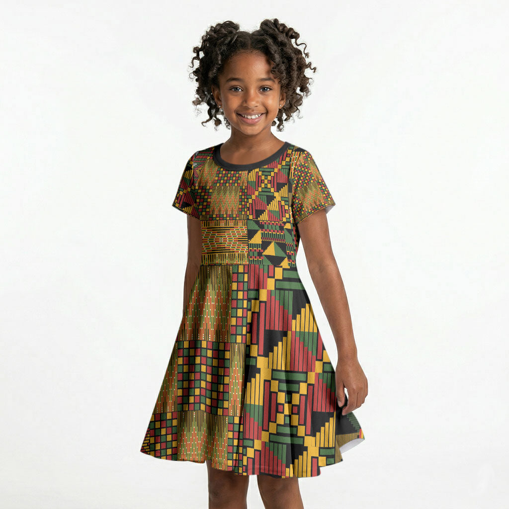 African American Quilt Kente Fusion Kid Short Sleeve Dress Version 1