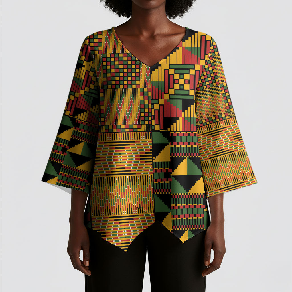 African American Quilt Kente Fusion Kimono Sleeve Blouse Version 1