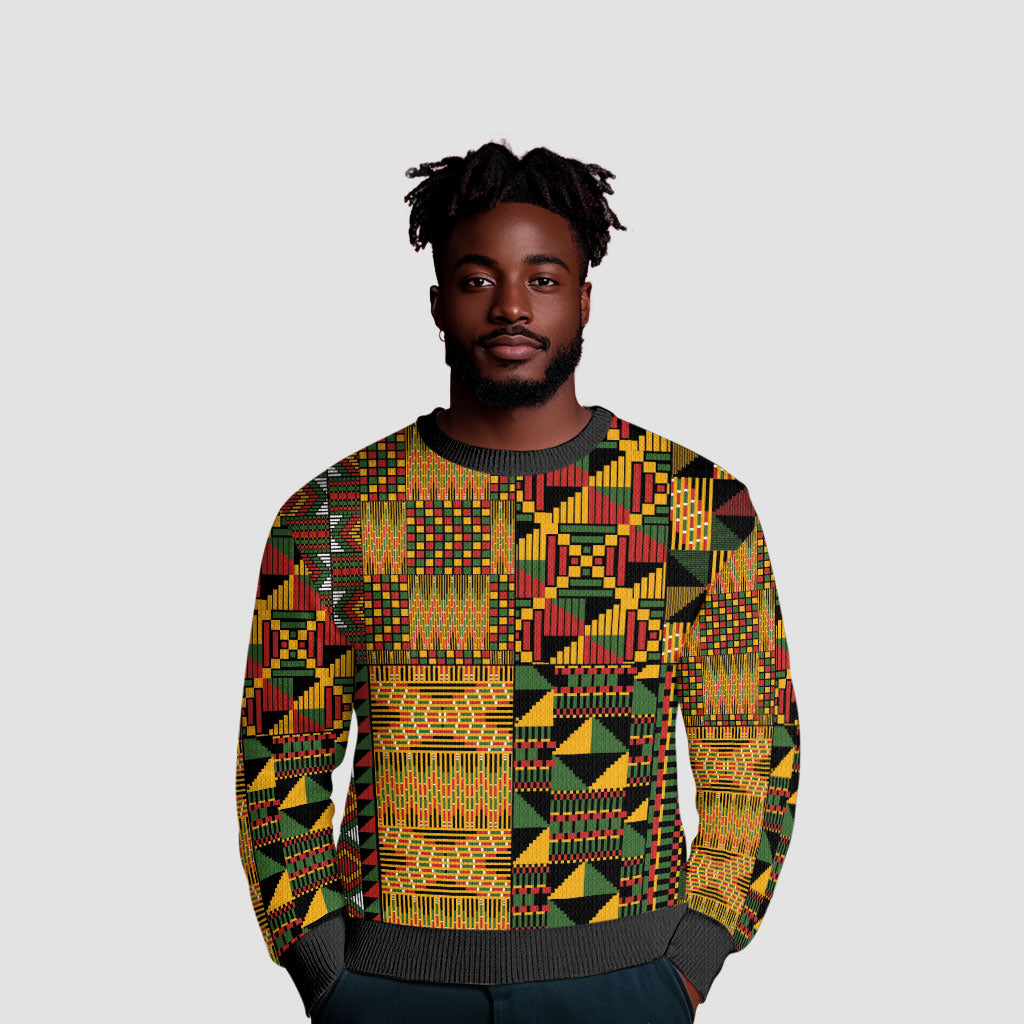 African American Quilt Kente Fusion Ugly Christmas Sweater Version 1