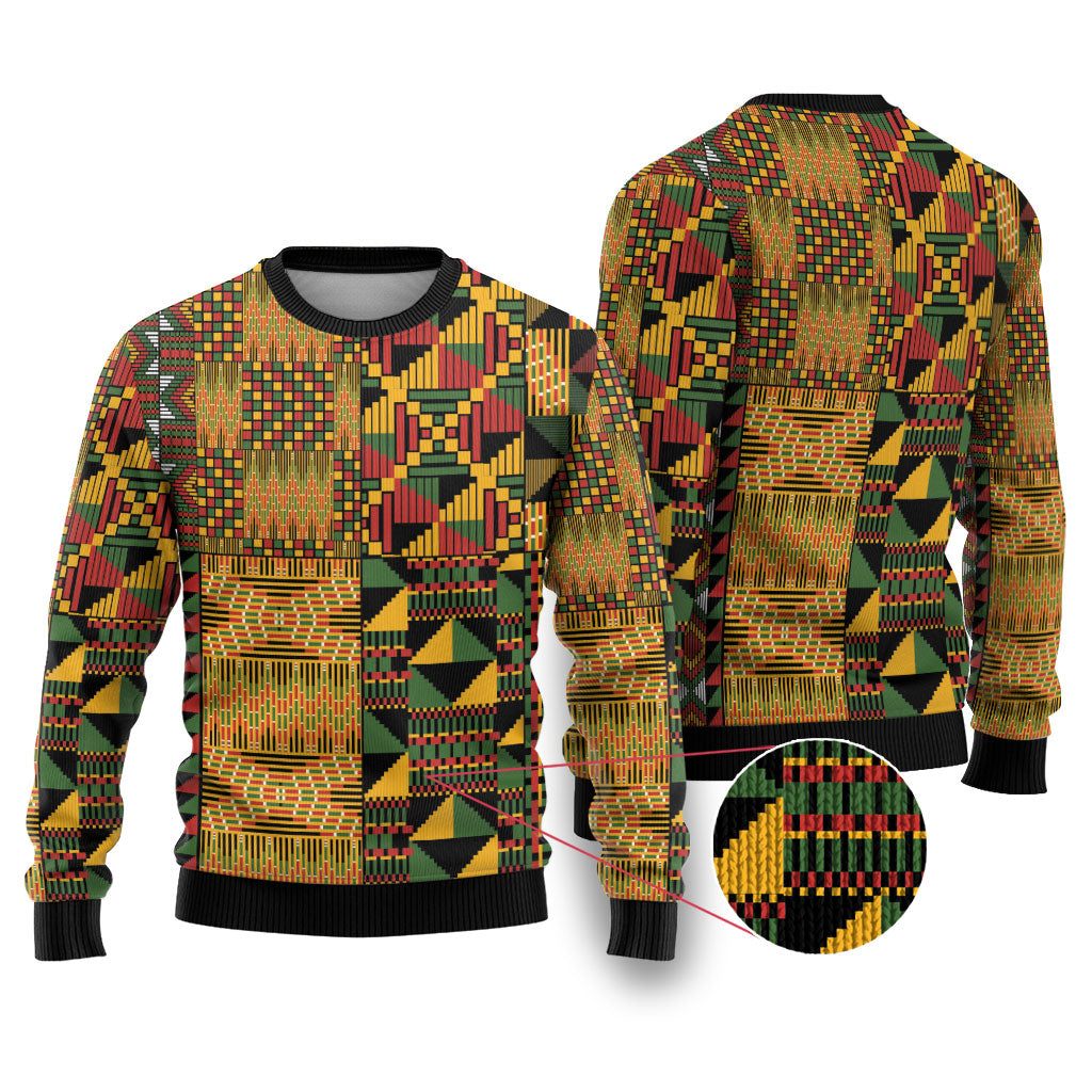African American Quilt Kente Fusion Ugly Christmas Sweater Version 1