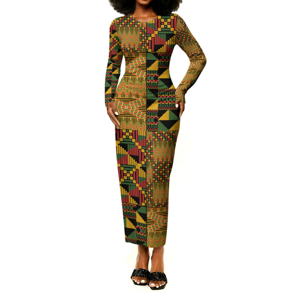 African American Quilt Kente Fusion Long Sleeve Bodycon Dress Version 1
