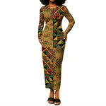 African American Quilt Kente Fusion Long Sleeve Bodycon Dress Version 1